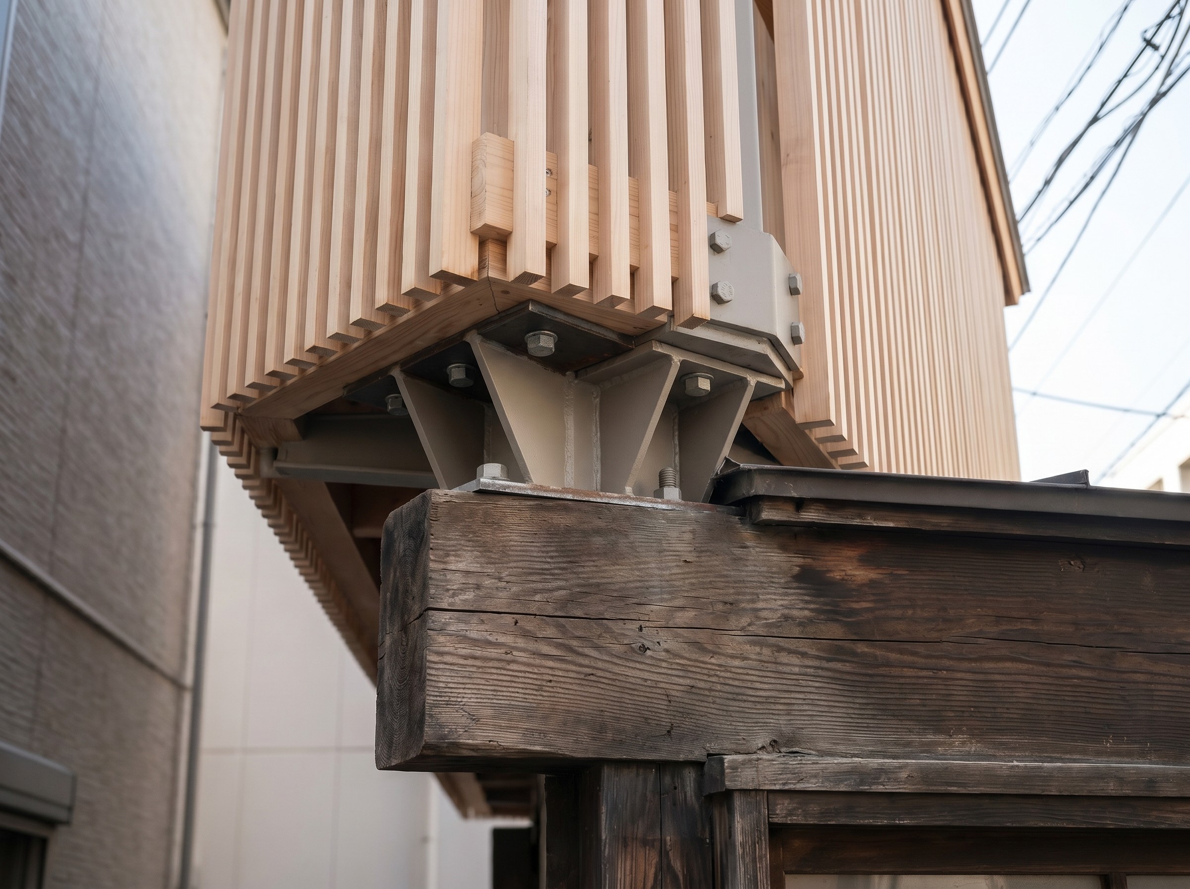 The steel bracket at the joint, old wooden beam below, new cedar lattice above