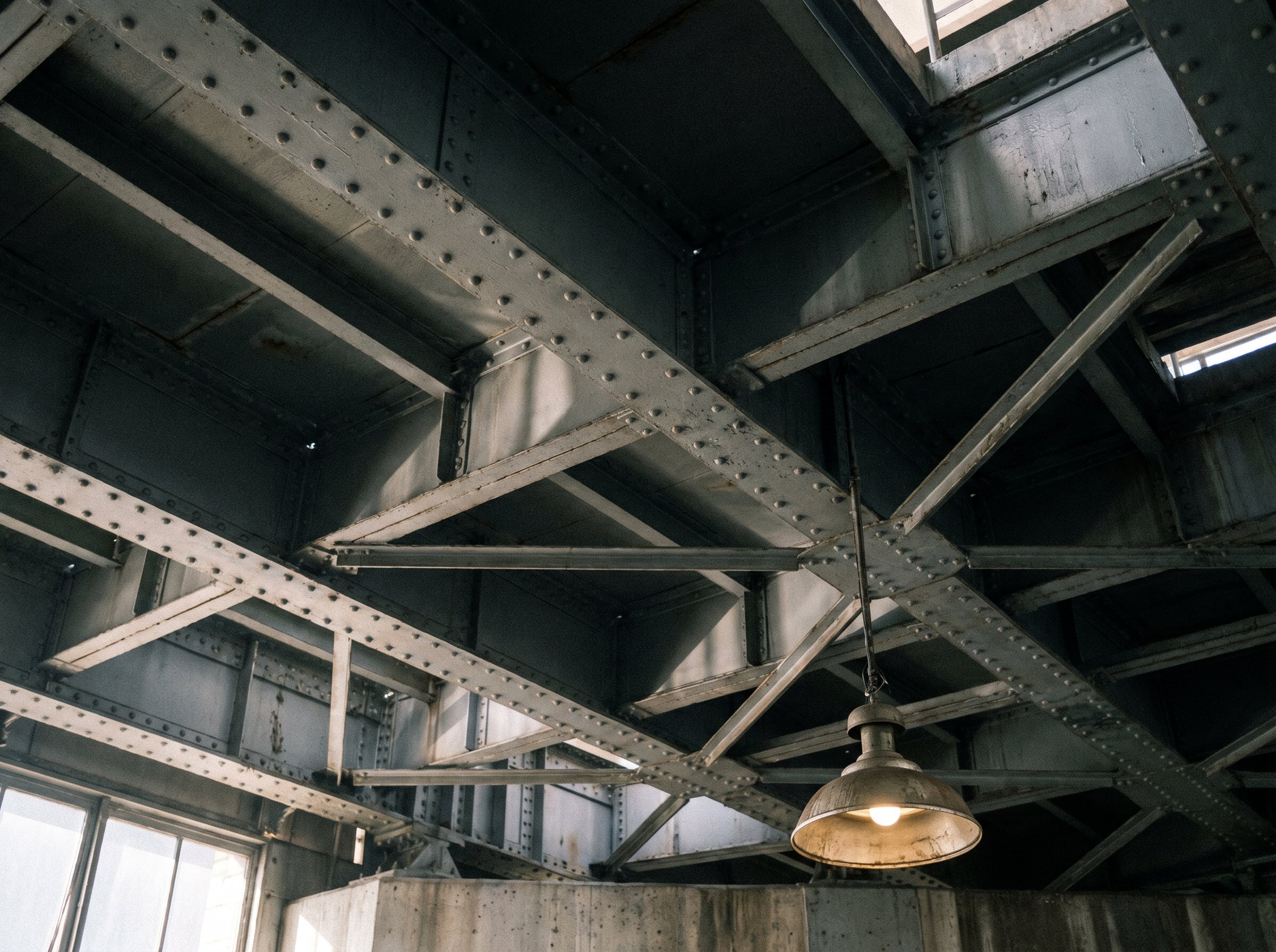Looking straight up at the underside of the viaduct from inside the hall, exposed riveted steel girders in a regular grid painted dark grey, a single low pendant light hanging into lower frame