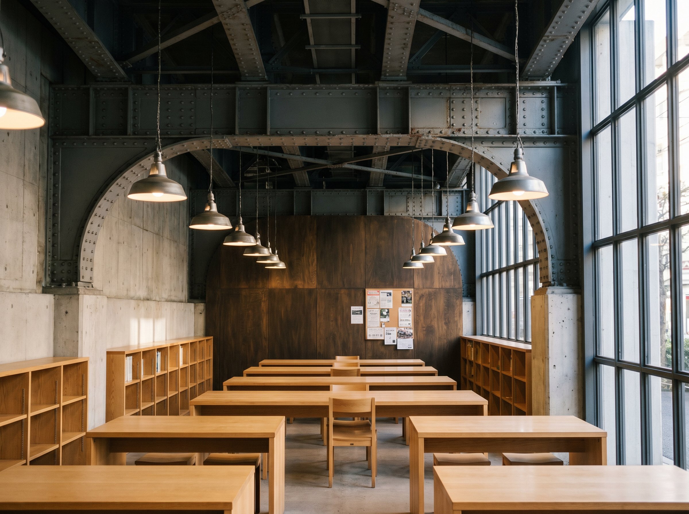 Interior of the reading hall: pale oak reading tables under low industrial pendants, exposed riveted steel viaduct girders forming the ceiling, low oak bookshelves along the walls, single empty chair pulled out