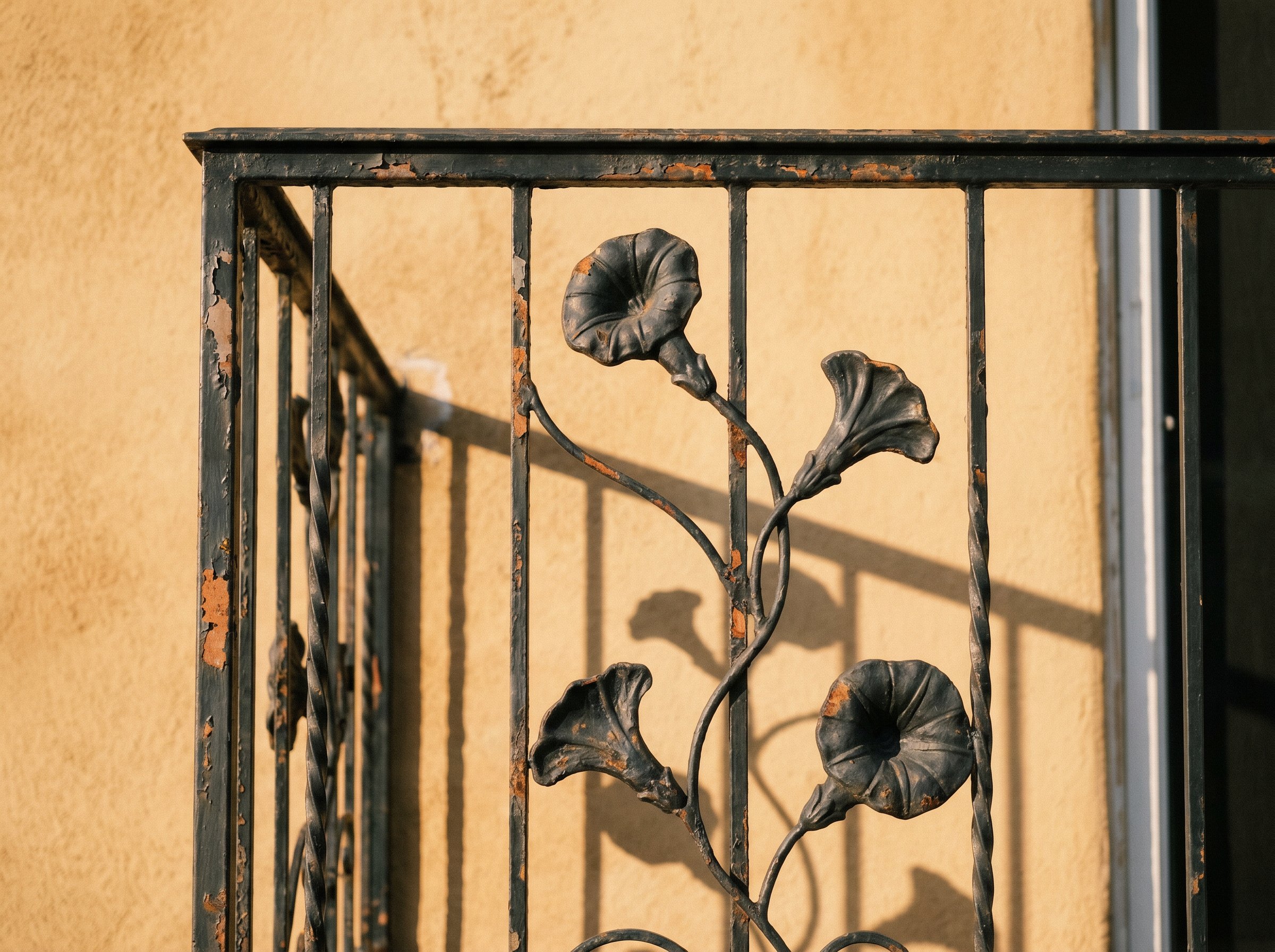 Close-up of a wrought-iron morning-glory railing, curling tendrils and three trumpet flowers cast in black-painted iron with rust spots, against weathered ochre stucco