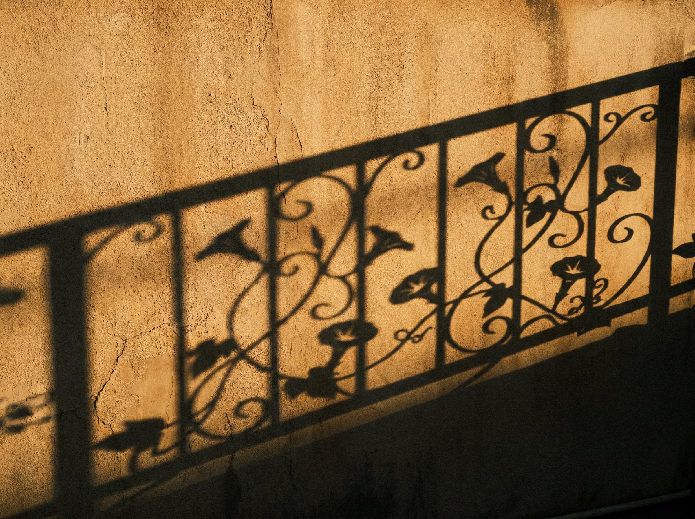 Afternoon shadow of the wrought-iron pattern cast onto a weathered ochre stucco wall, only the shadow visible, the railing itself out of frame