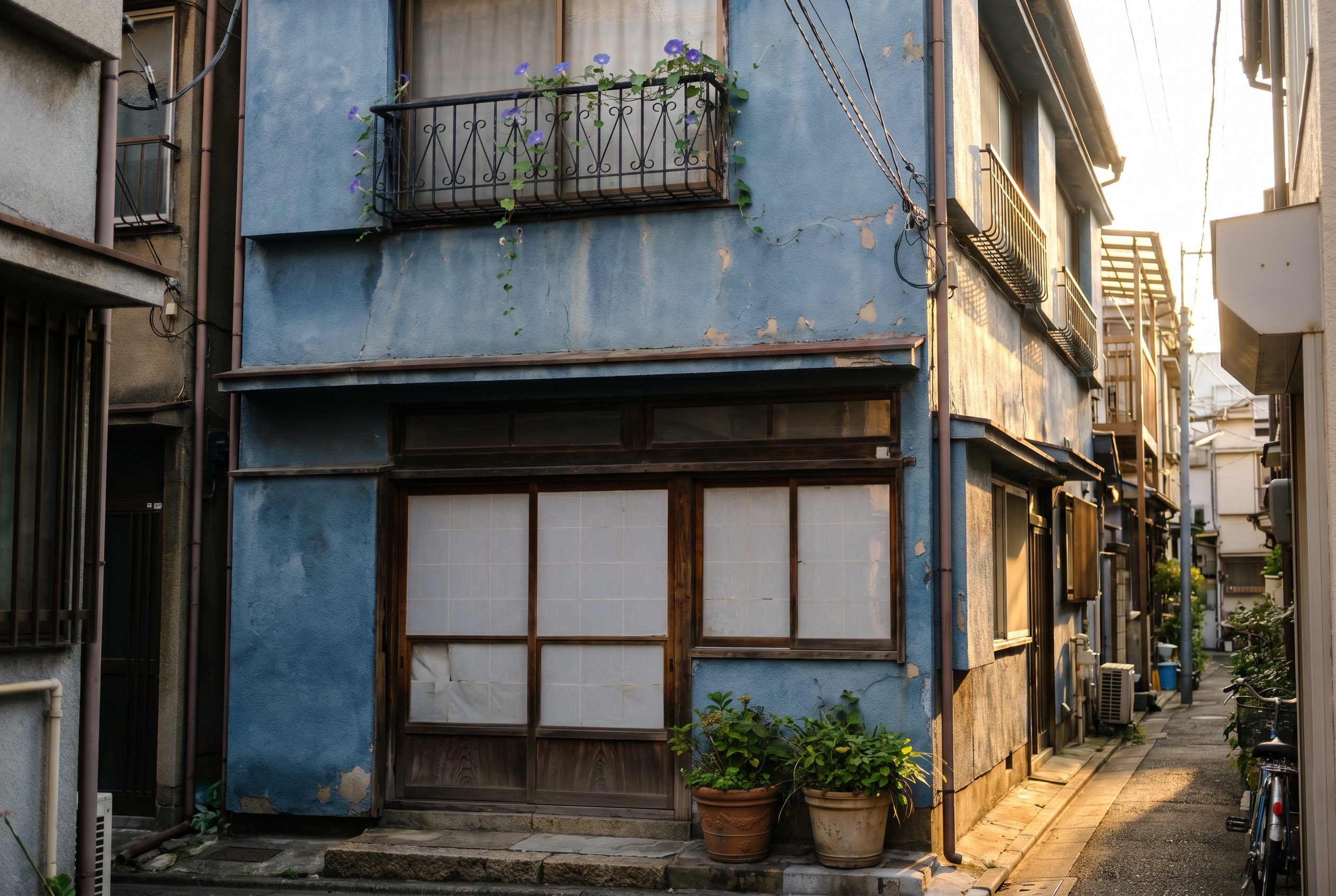 A single rowhouse with faded blue painted stucco, wrought-iron morning-glory railing on the second floor, sliding shoji on the ground, two plant pots on the doorstep