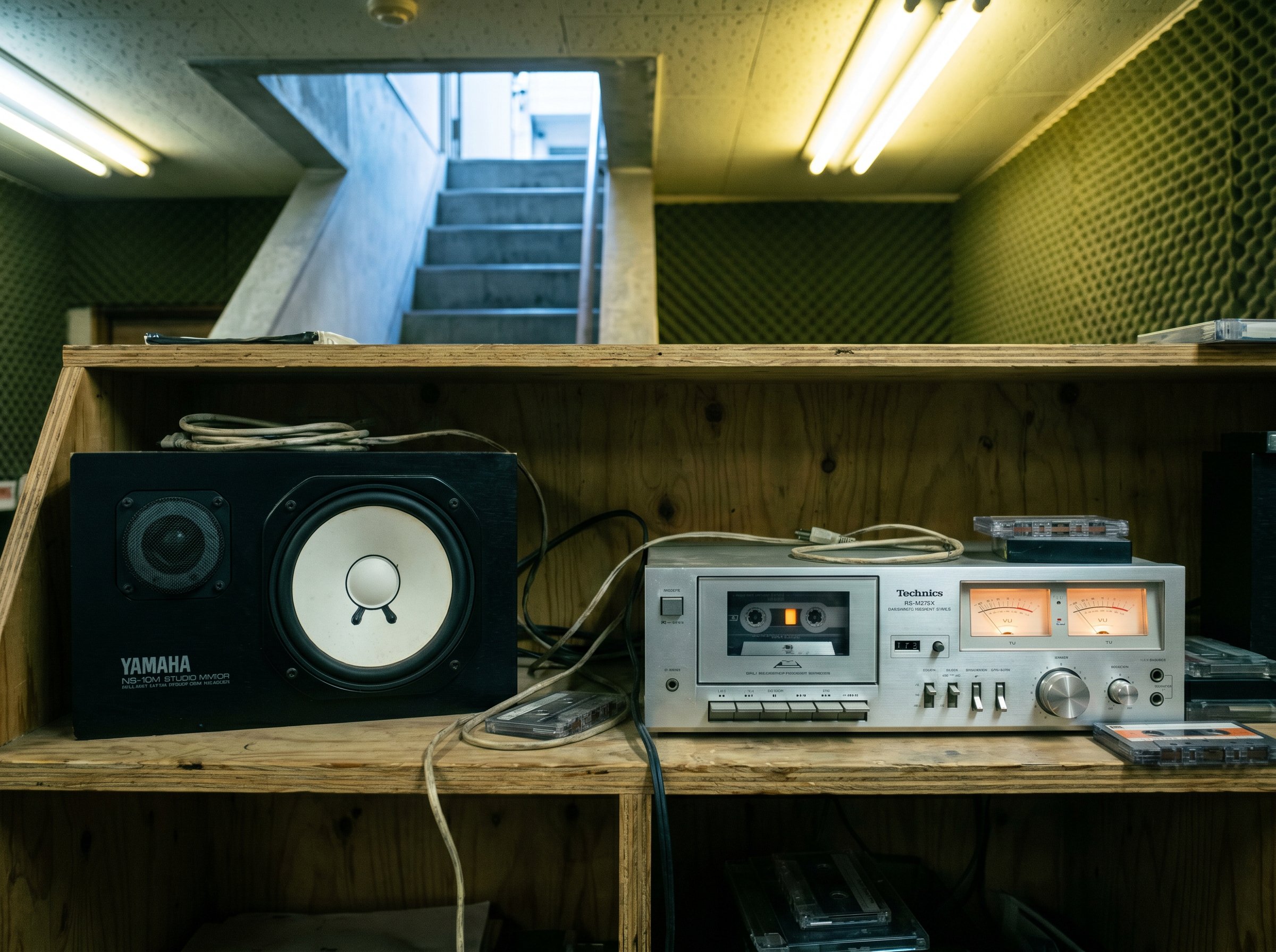 Yamaha NS-10M monitor with the white woofer cone next to a Technics cassette deck, VU meters glowing pale orange, plywood shelf, moss-green foam behind