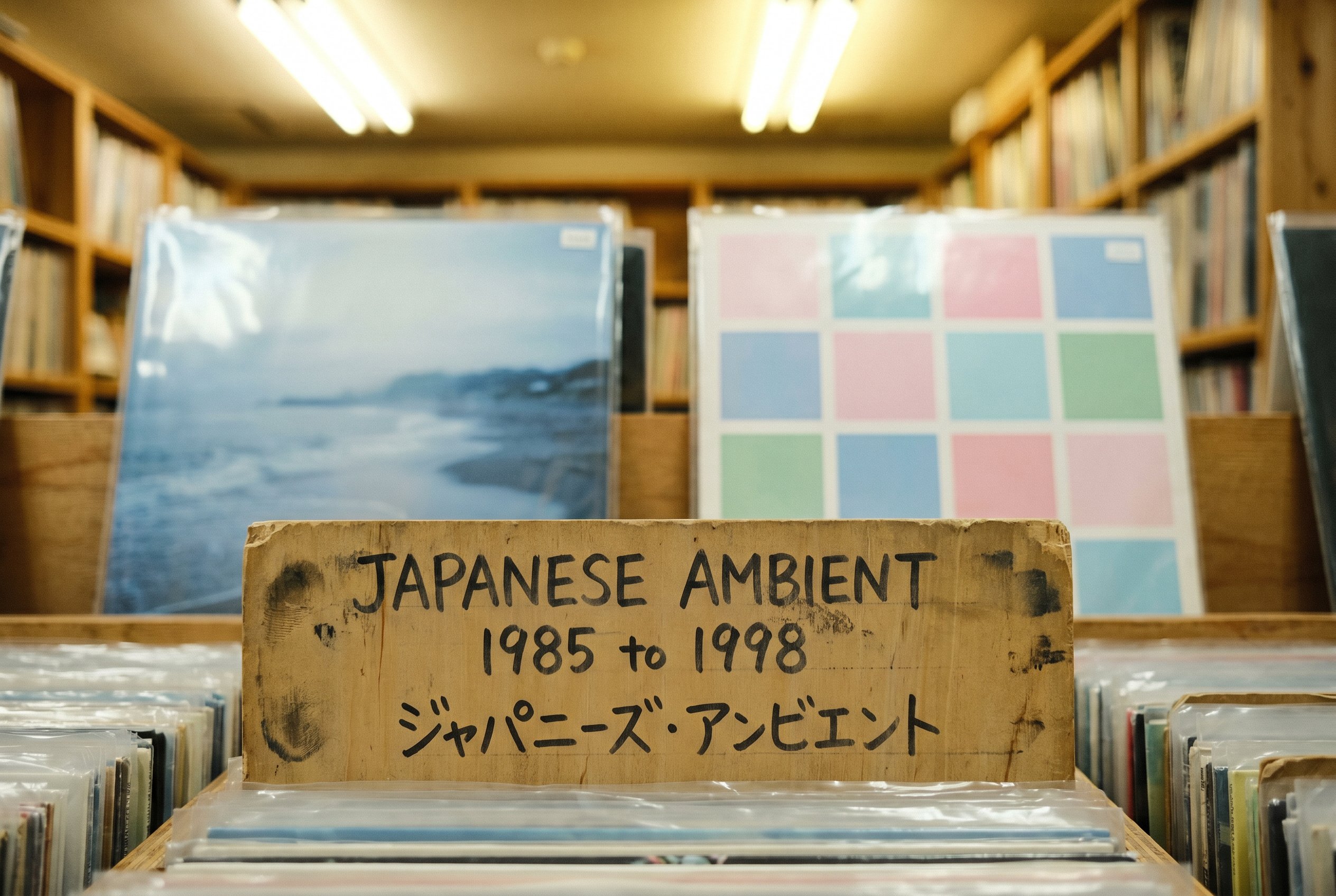 Record divider hand-lettered with JAPANESE AMBIENT 1985-1998 in marker, two record sleeves behind in plastic protective covers
