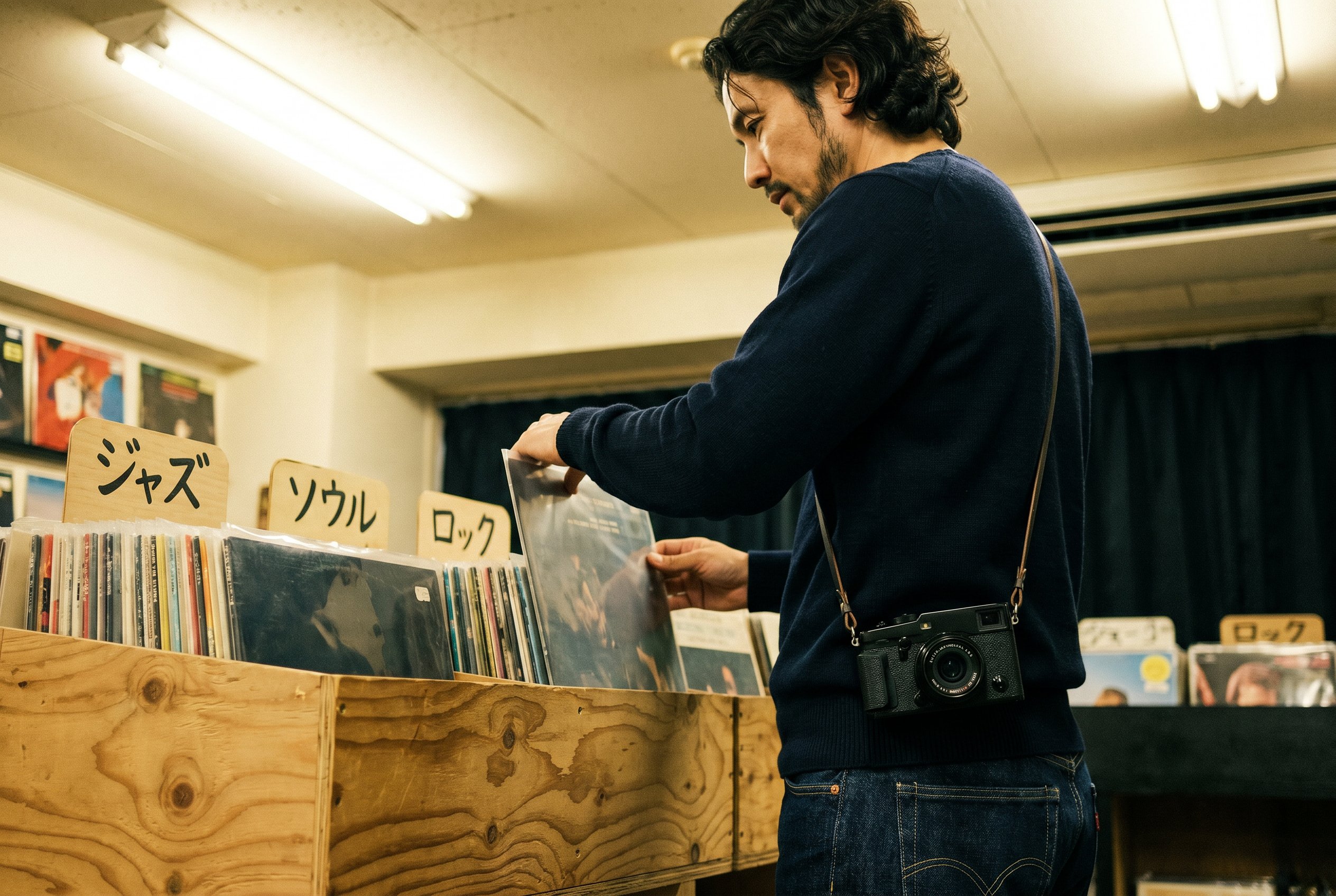 Reading through a crate, hand pulling a record sleeve out at chest height, Fuji X-Pro3 with 23mm hanging across the chest on a black leather strap