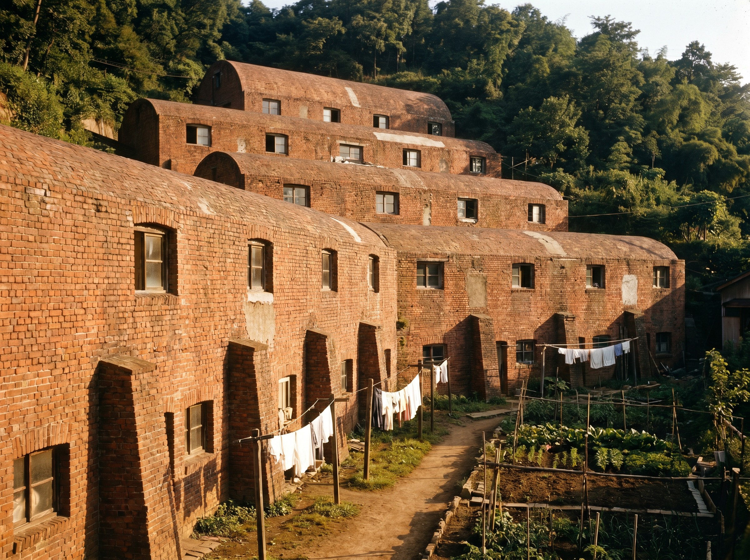 Exterior. Five tiers into the hillside, morning light