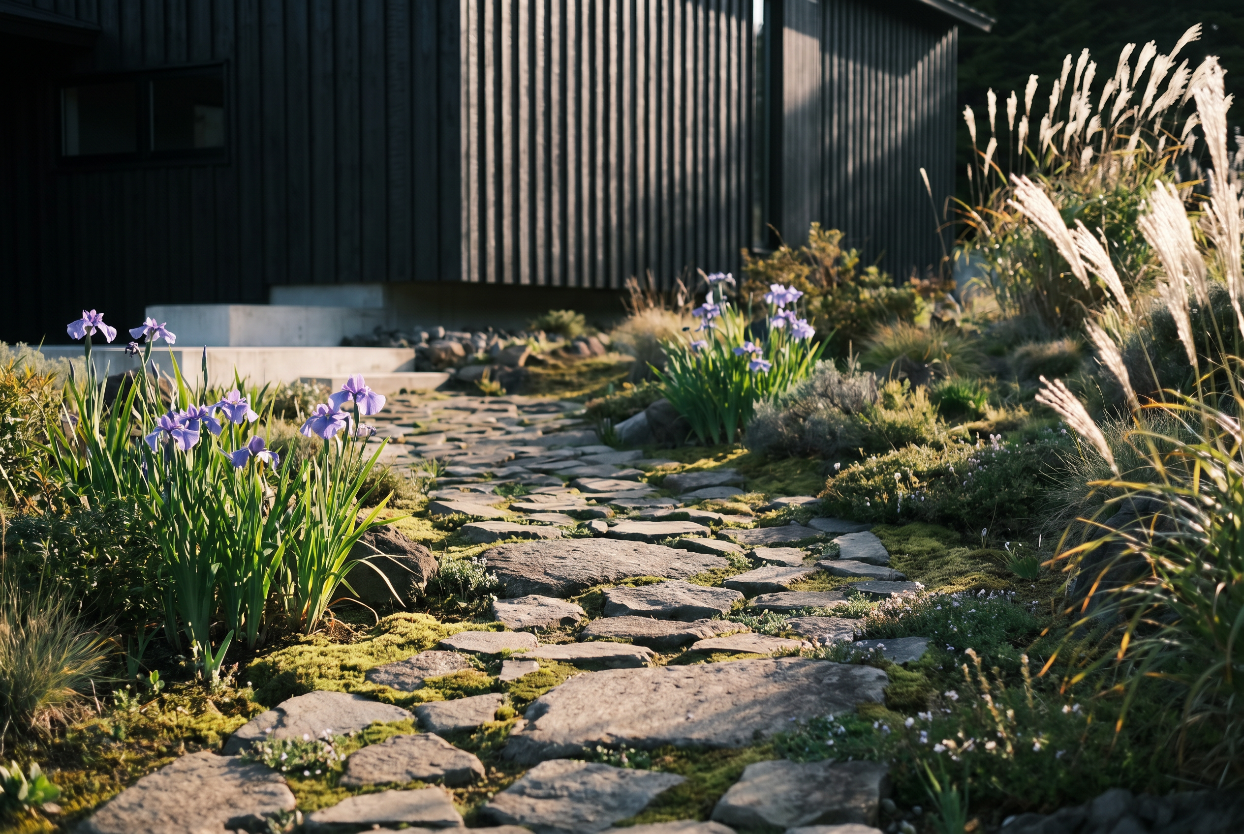 Garden path with stones and iris