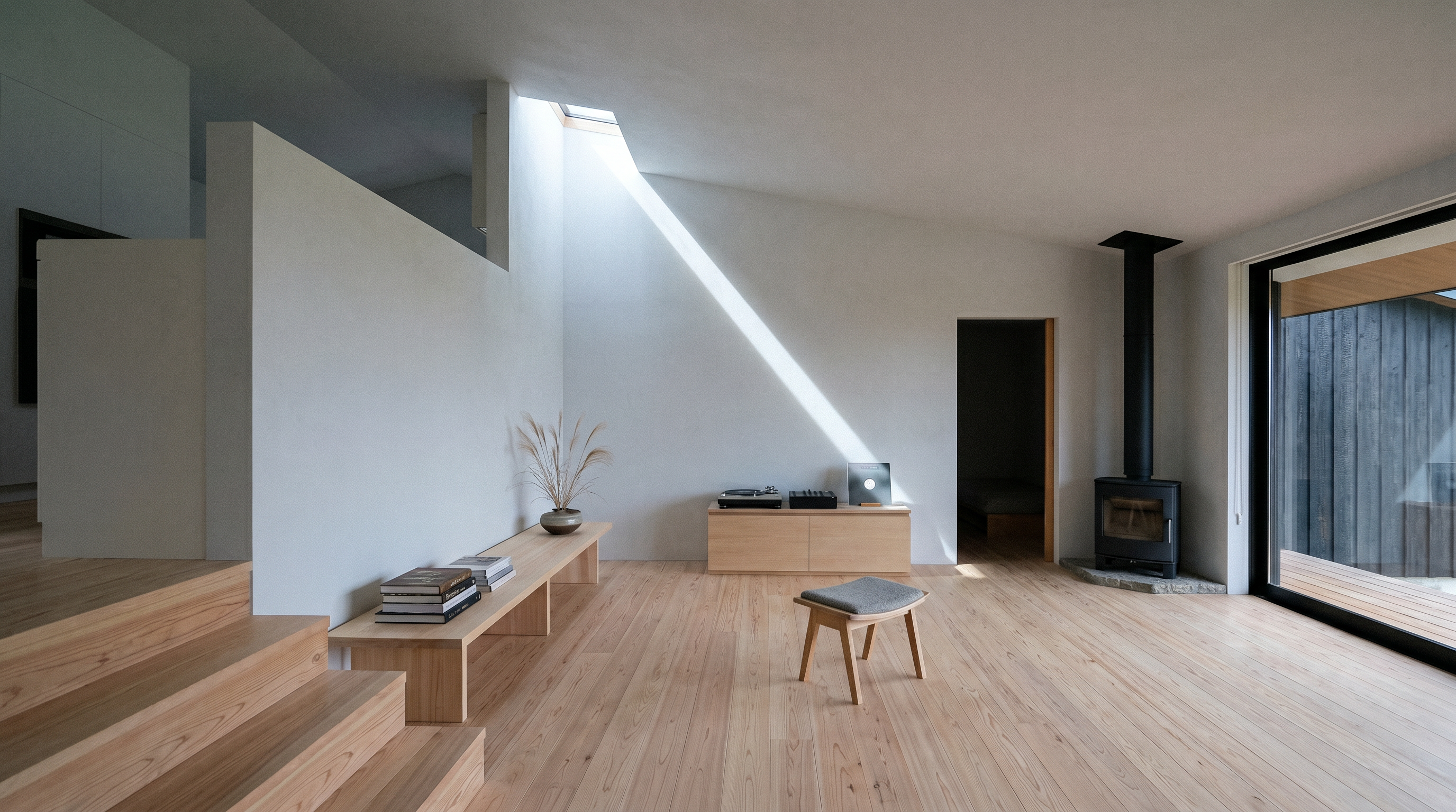 Living room with skylight, stove, turntable