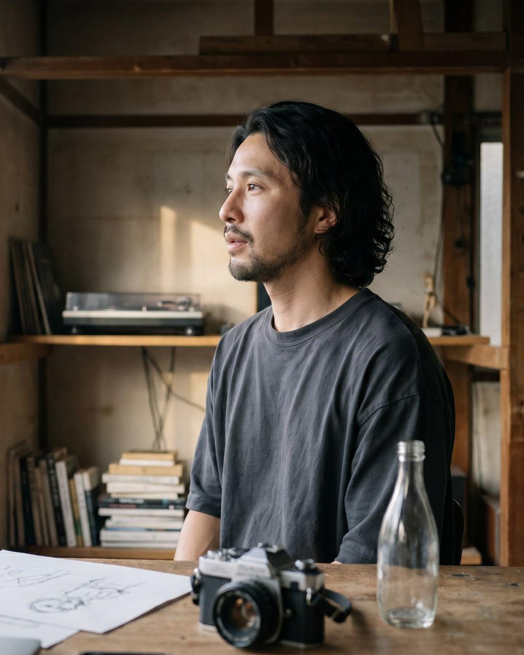 Kenji Aoi Hoshino, half profile at the window